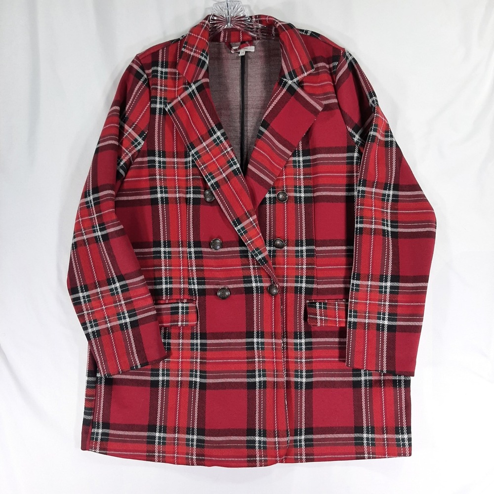 Maurice Red Tartan Plaid Double Breasted Blazer‎ Jacket Red Black White Check L